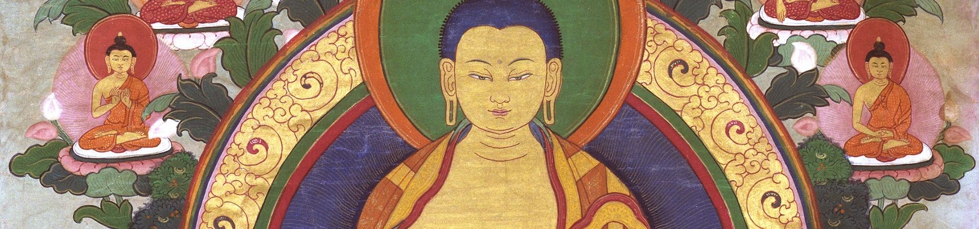 Thangka du Bouddha Shakyamuni entouré de bodhisattvas sur fond de lotus, cycle d'étude Voie Universelle à Nigu Karma Ling