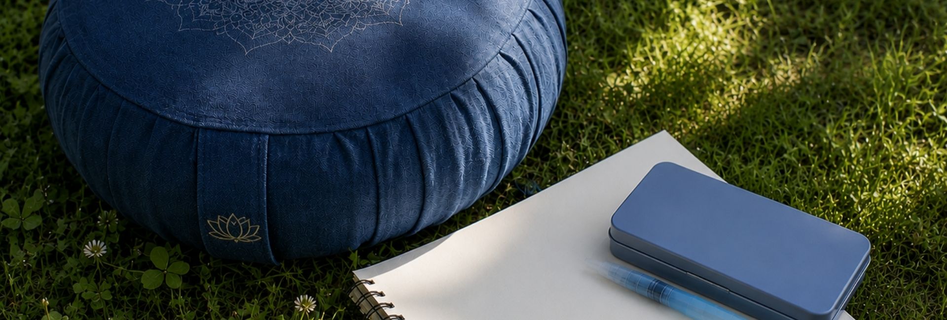 Coussin de méditation bleu mandala, carnet et pinceaux sur herbe, évoquant la pleine présence et l'expression picturale