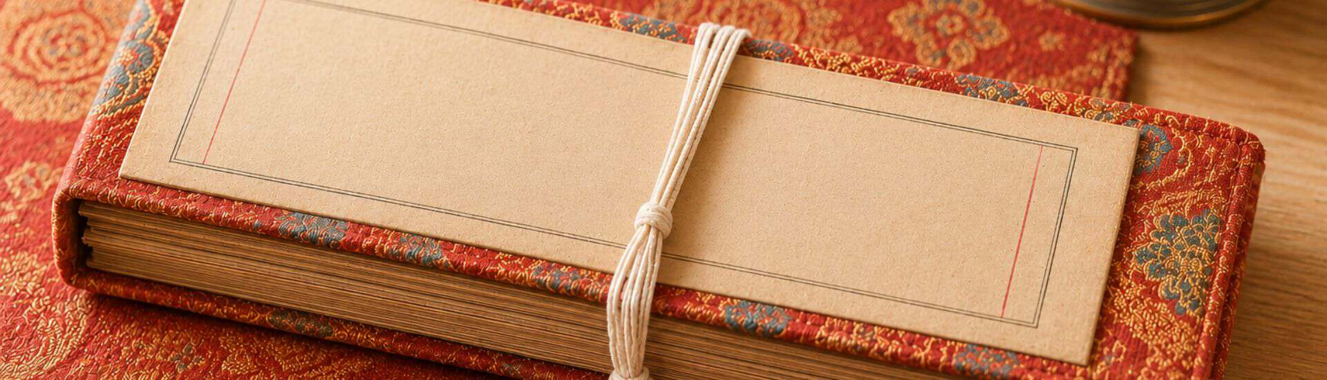 Livre tibétain relié à couverture brocart rouge, symbolisant l'étude du Bodhisattvacharyavatara de Shantideva