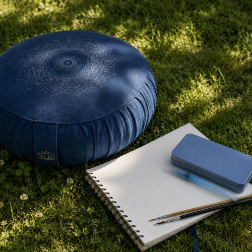 Coussin de méditation bleu mandala, carnet et pinceaux sur herbe, évoquant la pleine présence et l'expression picturale